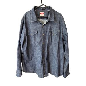 Wrangler Mens 3XL‎ Western Shirt Long Sleeve Denim Blue Gold Snap Button Cowboy